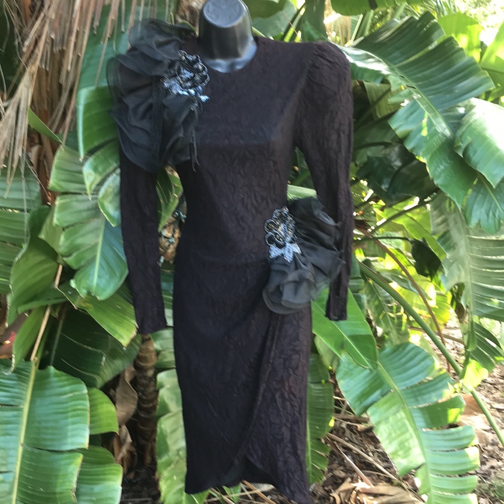 Vintage lace 80 dress with large rosette ruffles and shoulder pads